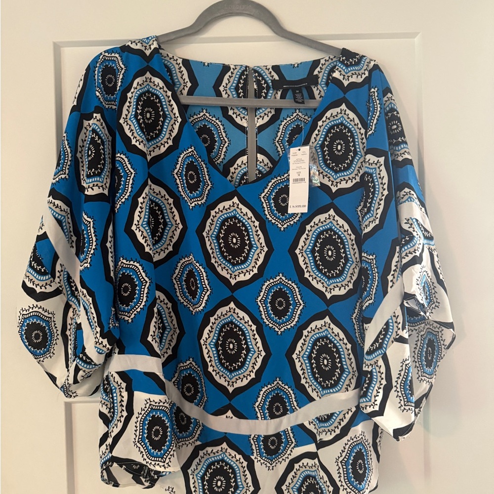White House Black Market Blue and Black Geometric Blouse